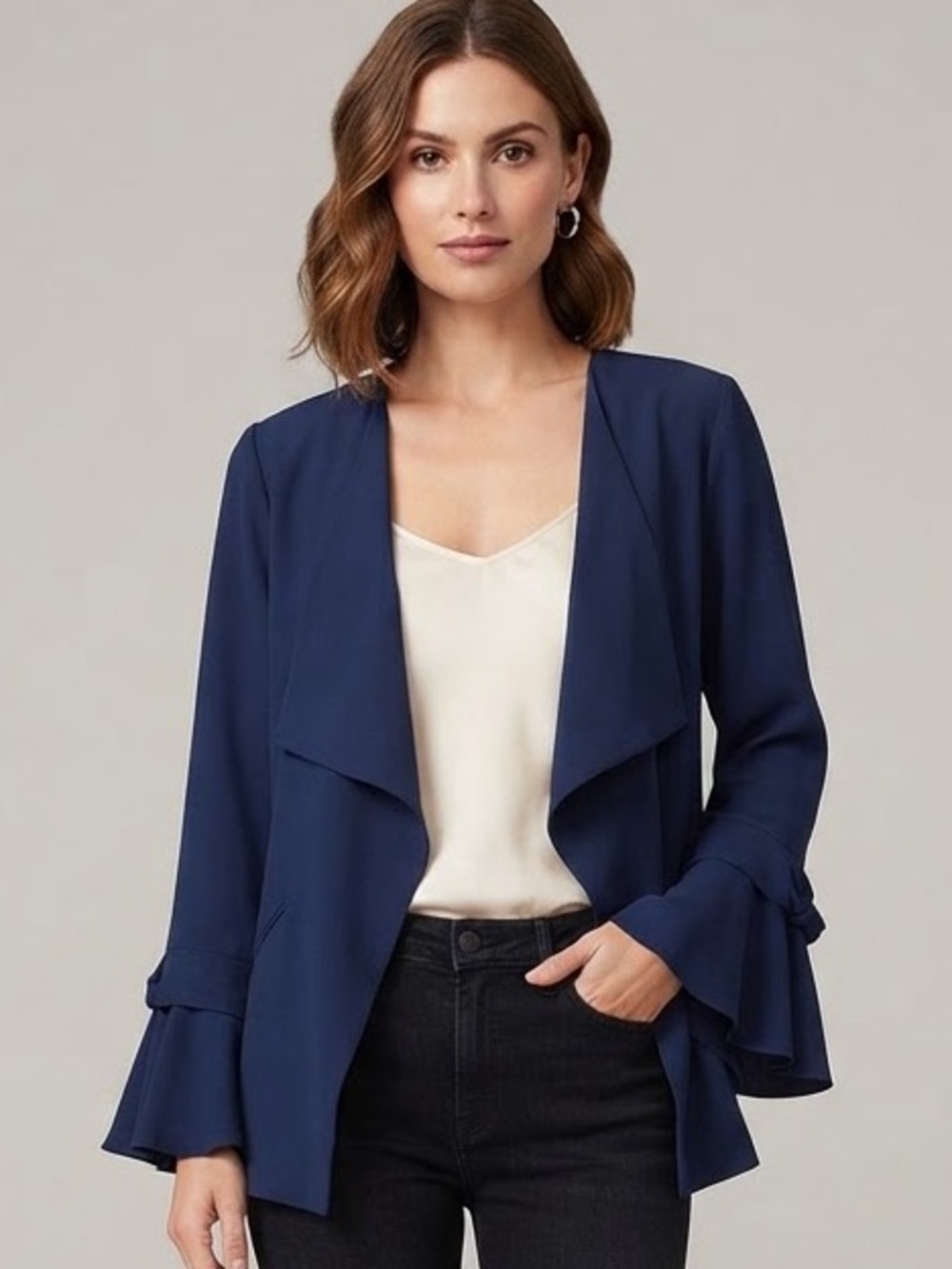 New Directions Blue Blouse with Tie-Sleeve Detail, Size M